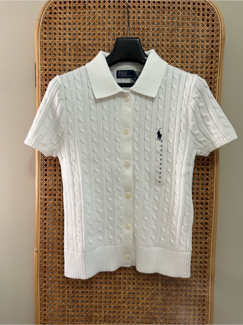 [New] Ralph Lauren White Cable Knit Short Sleeve Polo Cardigan